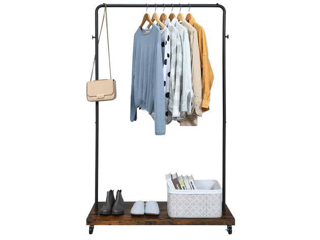 Costway Industrial Pipe Style Rolling Garment Rack Clothes Rack on Wheels / Wood Shelf - Black/Brown