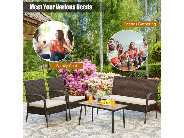 Costway 4 Piece Patio Rattan Furniture Set Outdoor Conversation Set Coffee Table w/Cushions - Brown