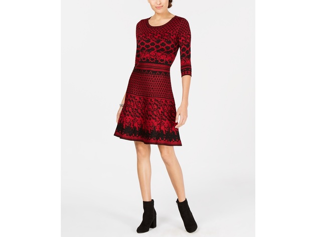 Taylor Women's Jacquard Fit & Flare Sweater Dress Red Size Small