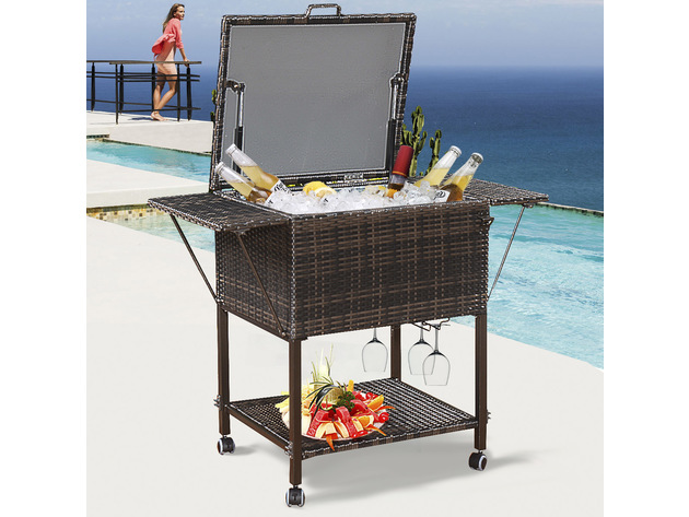 Costway Portable Rattan Cooler Cart Trolley Outdoor Patio Pool Party Ice Drink Mix Brown