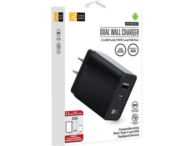 Case Logic CLOPW3103BK 3.1A Dual USB Type-A and USB Type-C Wall Charger