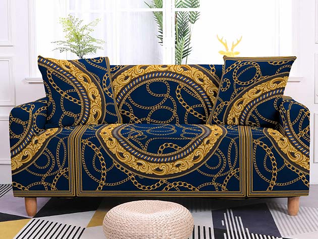 Elastic Sofa Cover for L.R. Mod Sectional Corner Sofa (Blue/Gold, 4-Seater)