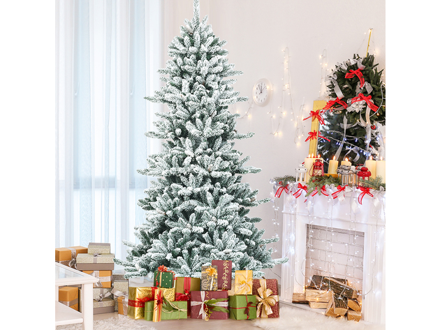 7 Foot Premium Snow Flocked Slim Artificial Christmas Fir Tree w/ Pine Cones 