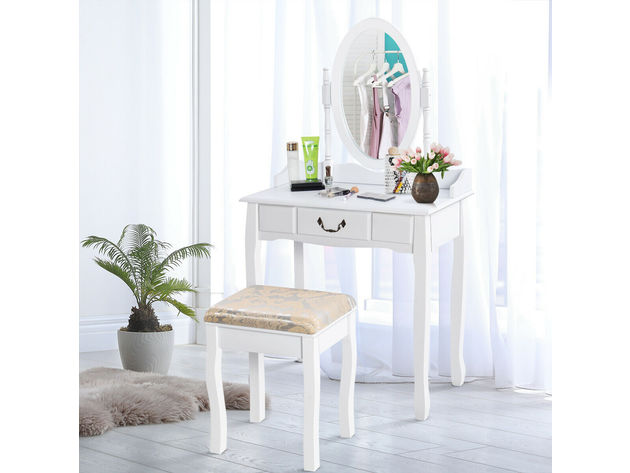 Costway Vanity Table Jewelry Makeup Desk Bench Dresser Stool White