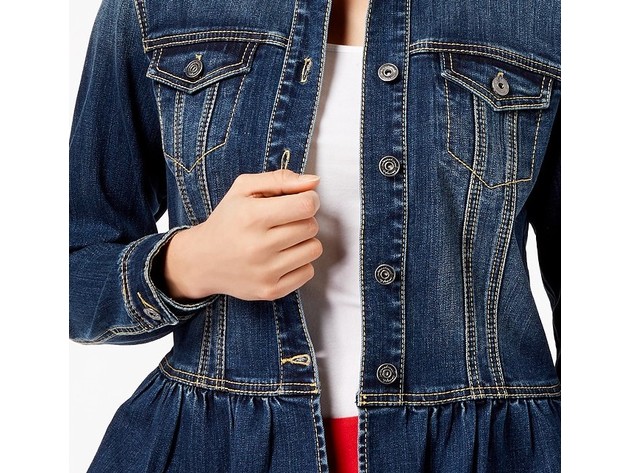 INC International Concepts Women's Ruffled Denim Jacket  Blue Size Large