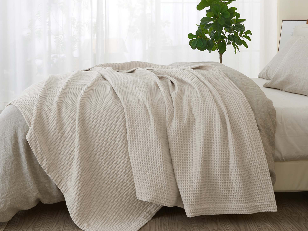 Vintage Cotton Waffle Blanket (Queen/Stone)