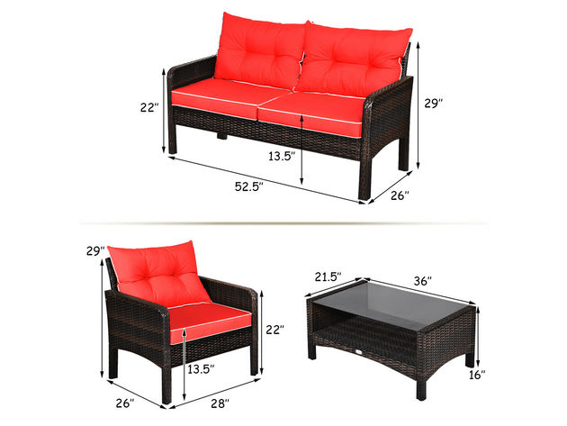 Costway 4 Piece Patio Rattan Furniture Set Loveseat Sofa Coffee Table Garden W/Red Cushion 