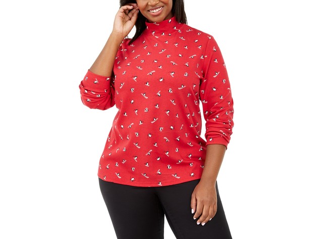 Karen ScottWomen's Plus Size Skiing Penguins Printed Mock-Neck Top Bright Red Size XX Large