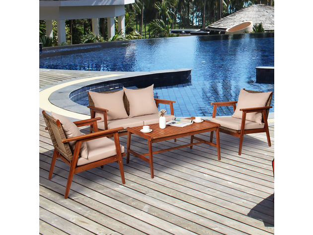 Costway 4 Piece Patio Rattan Furniture Set Acacia Wood Frame Cushioned Sofa Chair Garden Coffee