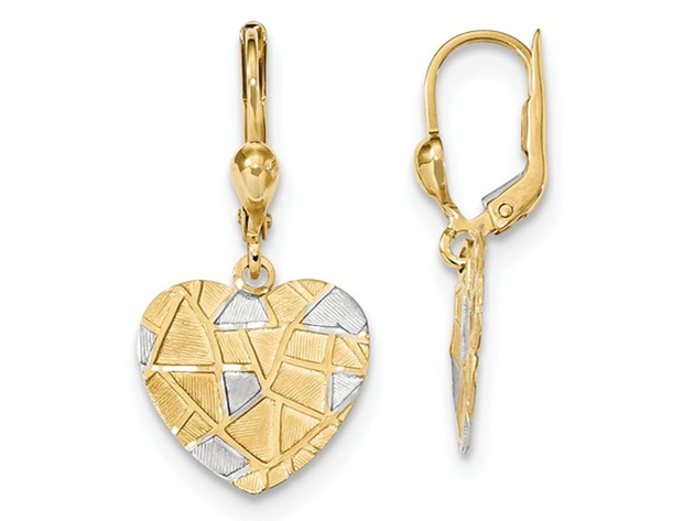 14K Yellow Gold Textured Heart Leverback Dangle Earrings