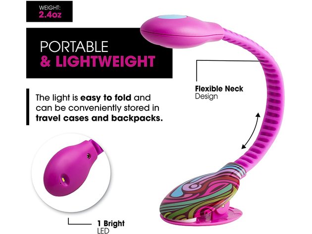 WITHit French Bull Clip On Book LED Light with Flexible Neck Design, USB Rechargeable, Pink (New Open Box)