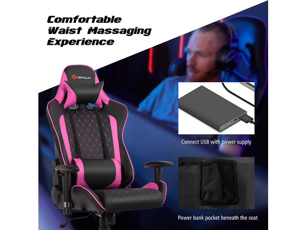 Goplus Massage Gaming Chair Reclining Racing Chair w/Lumbar Support and Headrest White - Pink