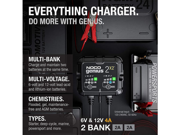 Noco GENIUS2X2 6V/12V 2-Bank, 4-Amp (2-Amp Per Bank) Fully-Automatic Smart Charger