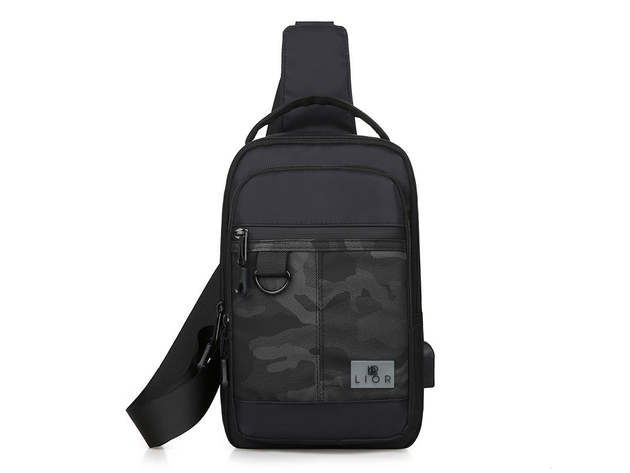 Lior Crossbody Camouflage Shoulder Chest Bag with USB Charger Port (Black)
