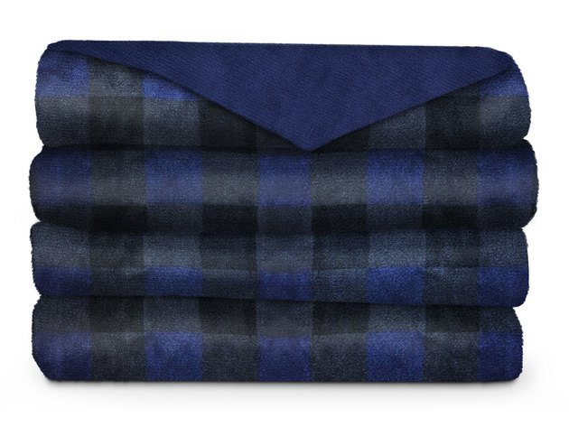 Sunbeam Microplush Comfy Toes Electric Heated Throw Blanket Foot Pocket TB16 Washable Auto Shut Off 3 Heat Settings - Buffalo Plaid Blue