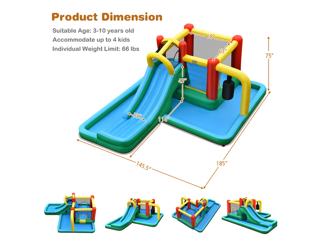 Inflatable Slide Water Park Climbing Bouncer Bounce House w/Tunnel & 735W Blower - Blue, Yellow, Red