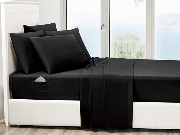 6-Piece Black Ultra Soft Bed Sheet Set with Side Pockets (King)