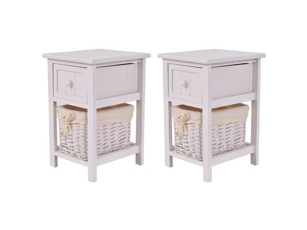 Costway Set of 2 Mini Night Stand 2 Layer 1 Drawer Bedside End Table Organizer Wood W/Basket - White