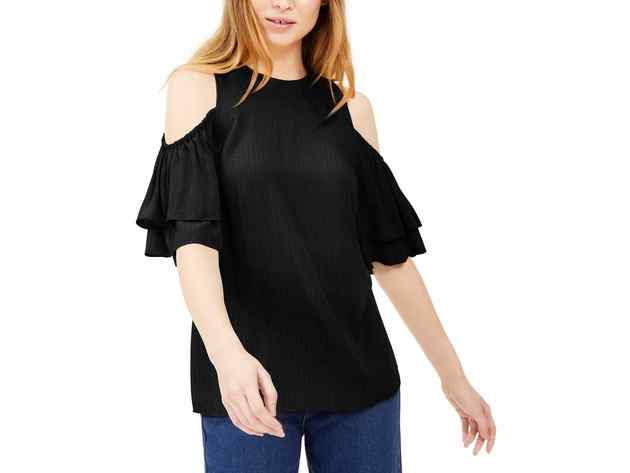 Michael Kors Women's Flounce-Sleeve Cold-Shoulder Top Black Size Extra Small