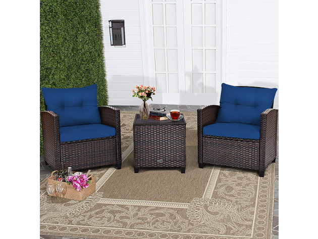 Costway 3PCS Patio Rattan Furniture Set Cushioned Conversation Set Coffee Table Navy - Navy