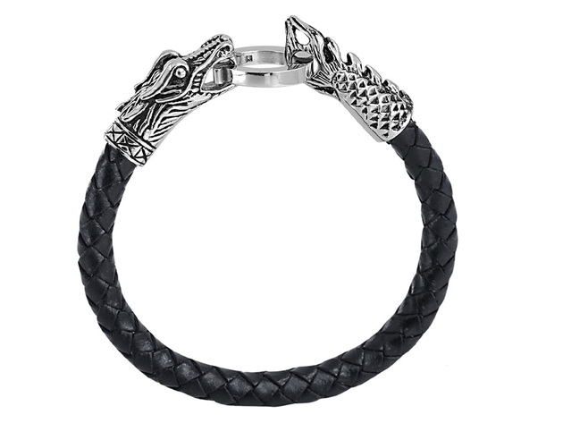 David Sigal Mens Leather Dragon Bracelet in Stainless Steel