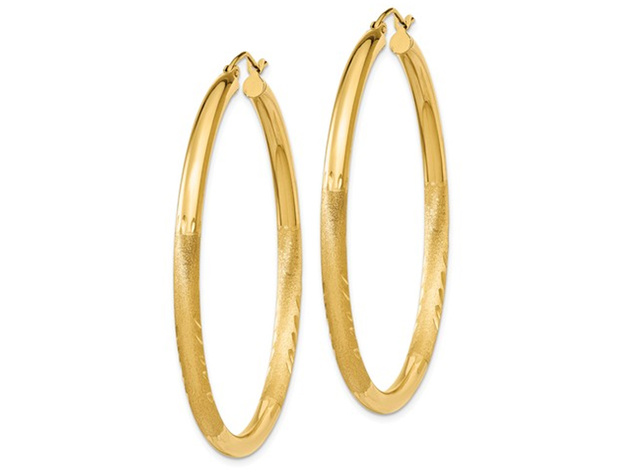 Large Satin and Diamond Cut Hoop Earrings in 14K Yellow Gold 2 Inch (3.00 mm)