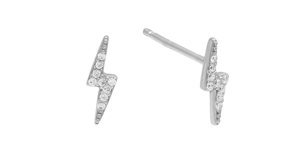 Swarovski Crystal Pave Lighting Bolt Stud Earrings (Silver)