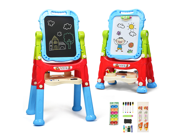 Costway Height Adjustable Kids Art Easel Magnetic Double Sided Board w/ Accessories Pink\Blue - Blue