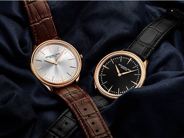 Stührling Silhouette Quartz 41mm Classic Watch (Rose Gold Dial/Brown Leather)
