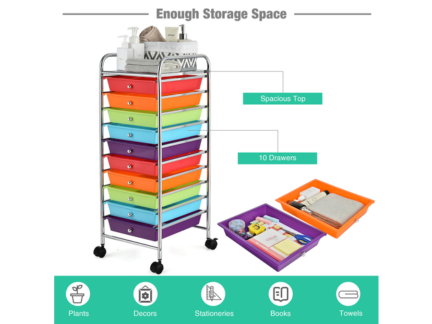 Costway 10 Drawer Rolling Storage Cart Scrapbook Office School Organizer Multicolor - Colorful