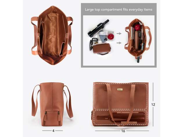Brown Genuine Leather Tote with Insulated Lunch Bag Pocket / Wine Carrier. Wine Purses For Women Who Have Everything