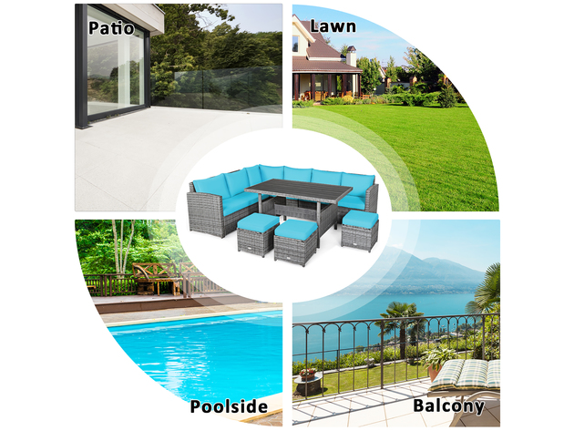 Costway 7 Piece Patio Rattan Dining Set Sectional Sofa Couch Ottoman Garden - Turquoise