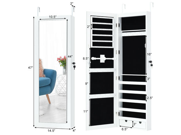 Costway Wall Mounted Mirrored Jewelry Cabinet Organizer LED Lights White