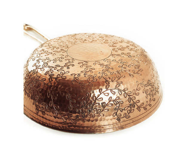 Hand-Engraved Leaves Copper Frying Pan, 9" 