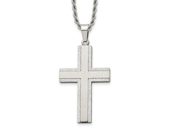 Mens Stainless Steel Polished Laser-Cut Cross Pendant Necklace with ...