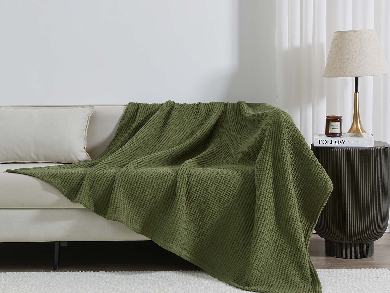Vintage Cotton Waffle Blanket (Queen/Olive)