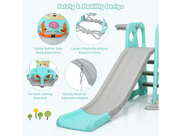 Costway 4-in-1 Toddler Climber and Swing Set w/ Basketball Hoop & Ball Pink\Green - Green