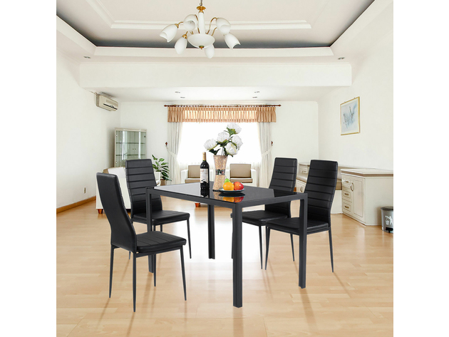 Costway 5 Piece Kitchen Dining Set Glass Metal Table and 4 Chairs Breakfast Furniture - Black