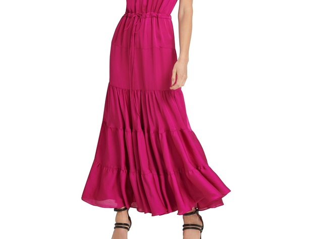 DKNY Women's Tie-Waist Tiered Maxi Dress Pink Size Large