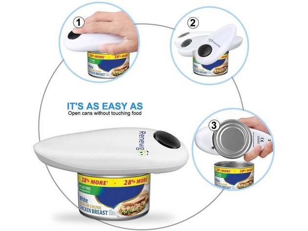 Renewgoo One-Touch Hands-Free Electric Can Opener, Kitchen Handheld Ergonomic Design, and Jar Opener Included, White