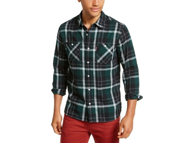 Levi's Men's Dual Pocket Plaid Flannel Shirt Green Size 2 Extra Large
