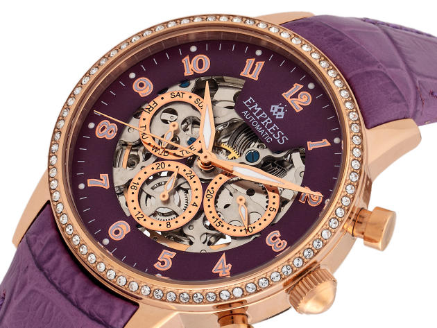 Empress Reloj automático Beatrice con correa de cuero con día/fecha (Oro rosa / Morado)