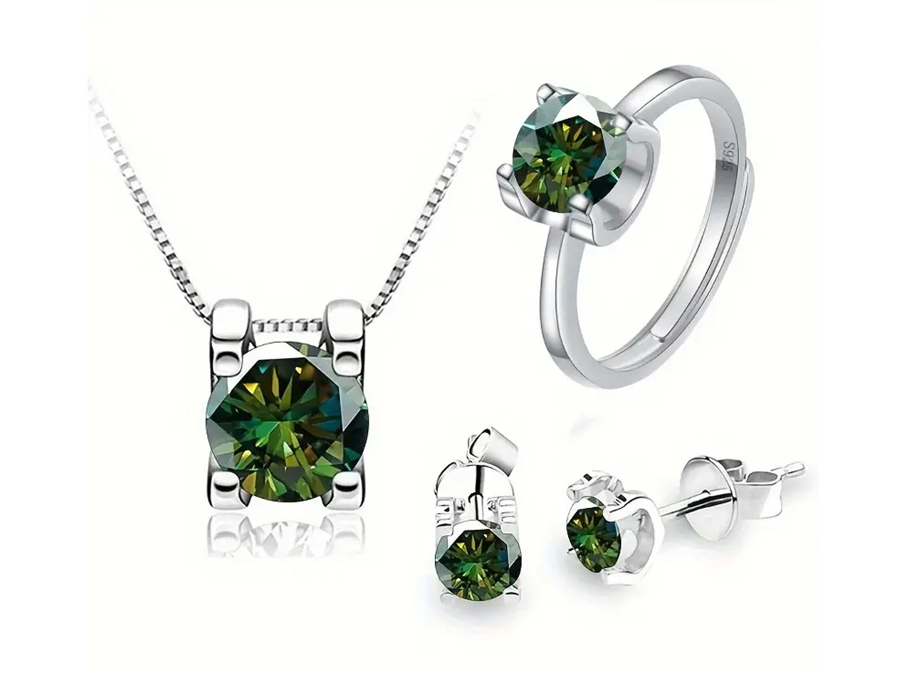 4-Piece Minimalist Moissanite Jewelry Gift Set with Adjustable Ring (Dark Green)