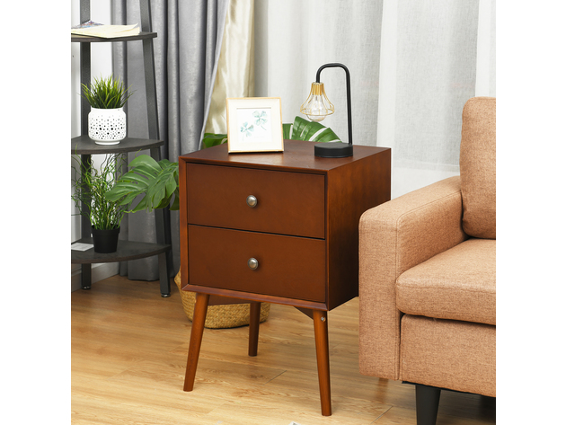 Costway Nightstand Mid-Century End Side Table 2 Drawers Rubber Wood Legs Living Room - Brown