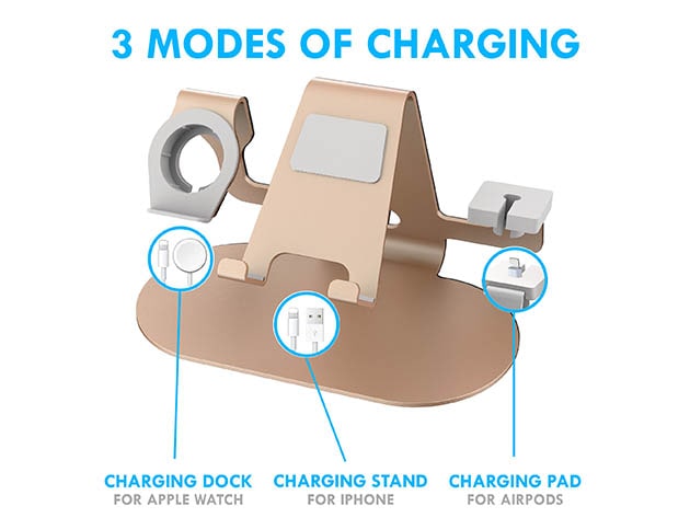 Trio 3-in-1 Aluminum Desktop Charging Stand (Gold)