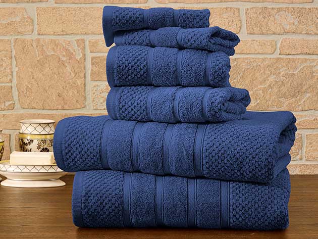 6-Piece Bibb Home 100% Egyptian Cotton Towel Set (Popcorn/Deep Blue)