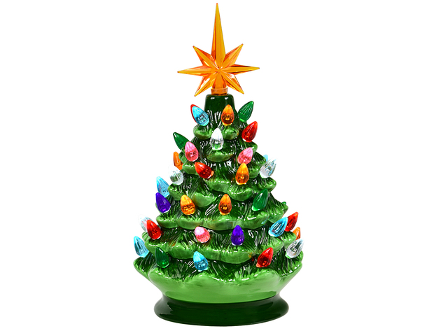 Costway 9.5''Pre-lit Hand-Painted Ceramic Tabletop Christmas Tree Green - Green