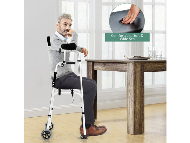 Costway Foldable Aluminum Alloy Walker Wheel Walking Frame W/ Seat & Armrest Pad - Silver