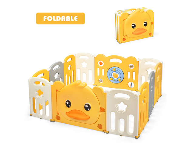 Costway 12-Panel Foldable Baby Playpen Kids Yellow Duck Yard Activity Center w/ Sound - Yellow + White