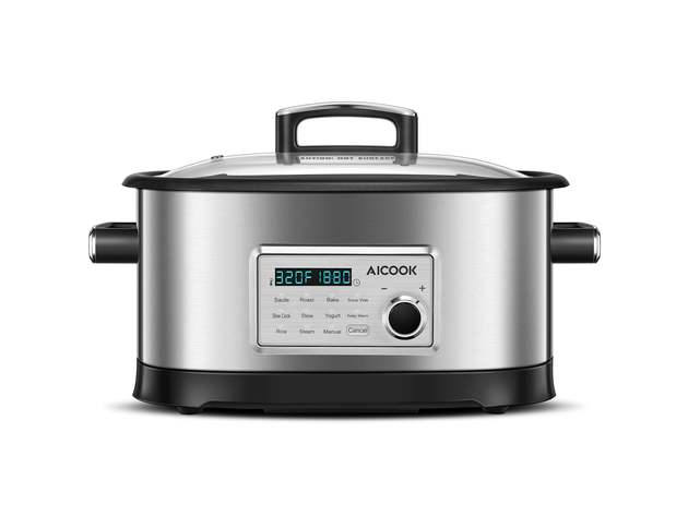 AICOOK 6.5qt Slow Cooker, 1500W, 10-in-1 Programmable Cooker, Electric Cooker with Digital Timer, Adjustable Temp & Time, Automatic Keep Warm